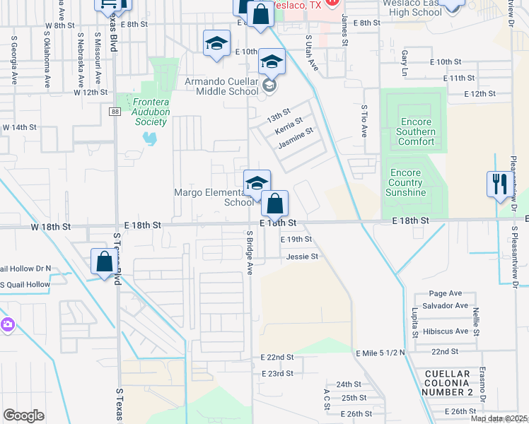 map of restaurants, bars, coffee shops, grocery stores, and more near 1701 South Bridge Avenue in Weslaco
