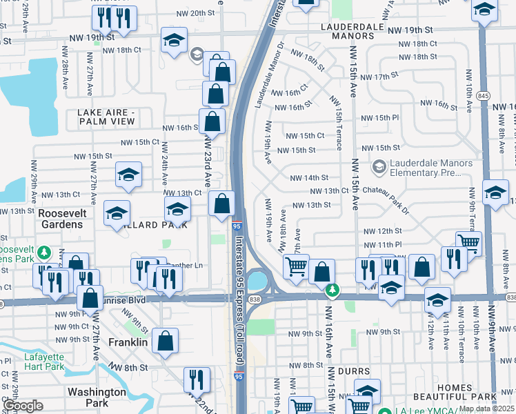 map of restaurants, bars, coffee shops, grocery stores, and more near 1734 Lauderdale Manor Drive in Fort Lauderdale