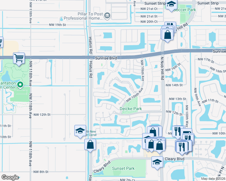 map of restaurants, bars, coffee shops, grocery stores, and more near 10749 Northwest 12th Manor in Plantation
