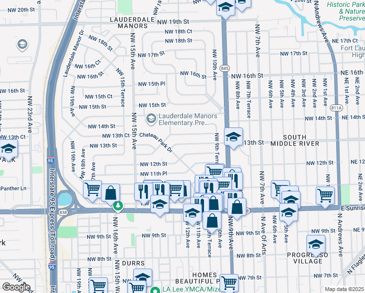 map of restaurants, bars, coffee shops, grocery stores, and more near 1055 Northwest 13th Street in Fort Lauderdale
