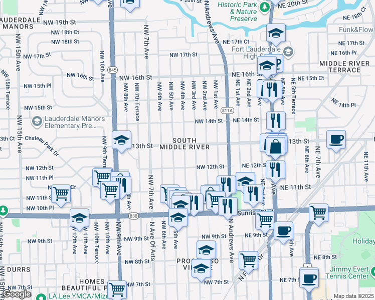 map of restaurants, bars, coffee shops, grocery stores, and more near 314 Northwest 13th Street in Fort Lauderdale