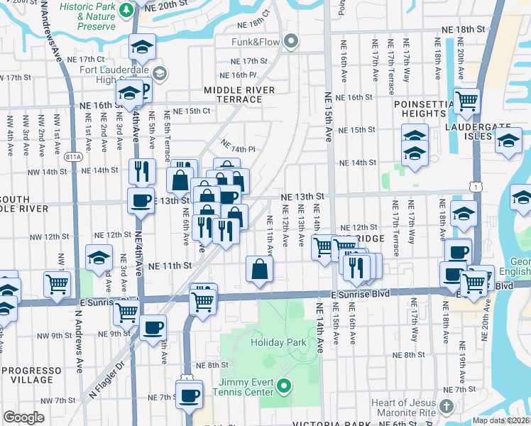 map of restaurants, bars, coffee shops, grocery stores, and more near 1227 Northeast 11th Avenue in Fort Lauderdale