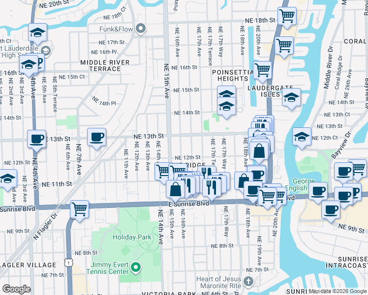 map of restaurants, bars, coffee shops, grocery stores, and more near 1229 Northeast 16th Terrace in Fort Lauderdale