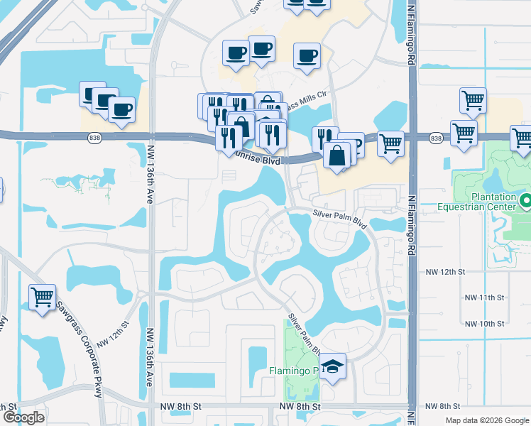 map of restaurants, bars, coffee shops, grocery stores, and more near 1484 Northwest 129th Way in Sunrise