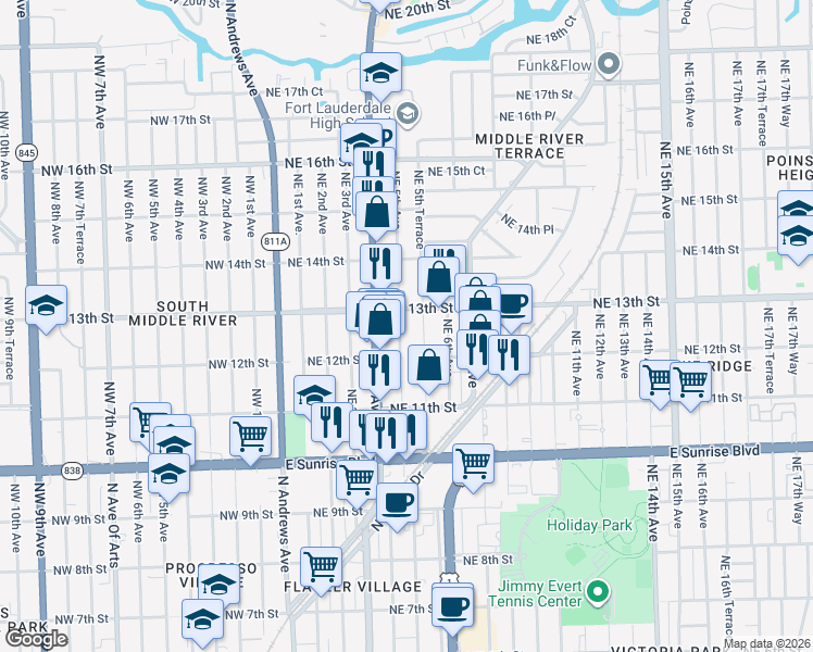 map of restaurants, bars, coffee shops, grocery stores, and more near 514 Northeast 13th Street in Fort Lauderdale