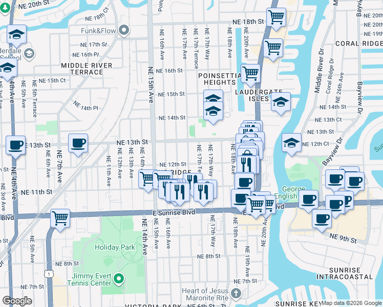 map of restaurants, bars, coffee shops, grocery stores, and more near 1220 Northeast 17th Avenue in Fort Lauderdale