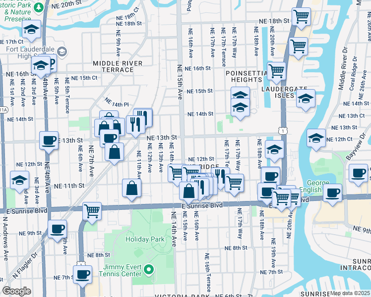 map of restaurants, bars, coffee shops, grocery stores, and more near 1230 Northeast 15th Avenue in Fort Lauderdale