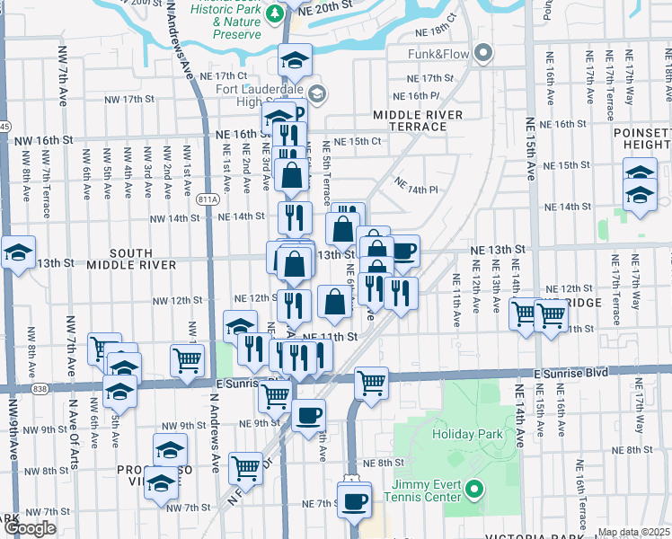 map of restaurants, bars, coffee shops, grocery stores, and more near 514 Northeast 13th Street in Fort Lauderdale
