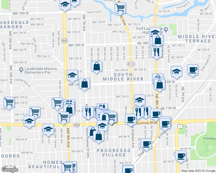 map of restaurants, bars, coffee shops, grocery stores, and more near 314 Northwest 13th Street in Fort Lauderdale