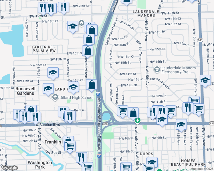 map of restaurants, bars, coffee shops, grocery stores, and more near 1734 Lauderdale Manor Drive in Fort Lauderdale