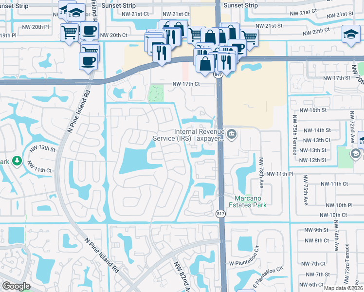 map of restaurants, bars, coffee shops, grocery stores, and more near 8205 Northwest 14th Street in Plantation