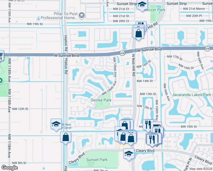 map of restaurants, bars, coffee shops, grocery stores, and more near 10600 Northwest 14th Street in Plantation