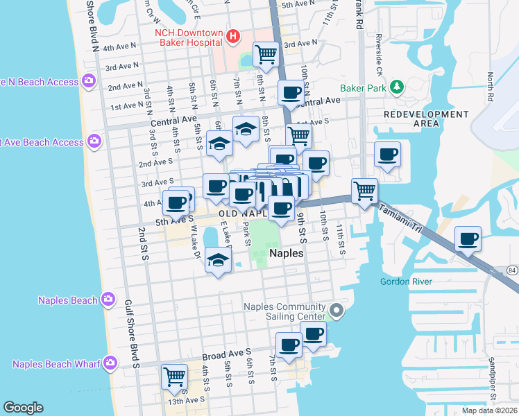 map of restaurants, bars, coffee shops, grocery stores, and more near 787 5th Avenue South in Naples
