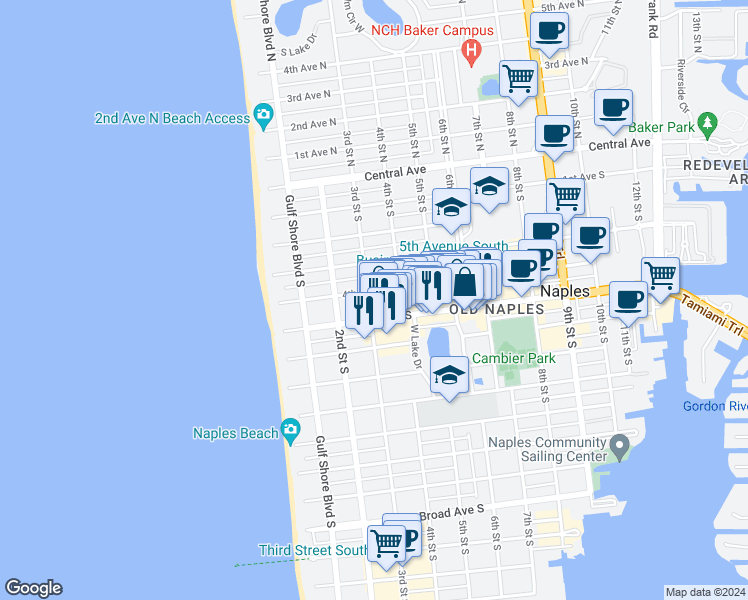 map of restaurants, bars, coffee shops, grocery stores, and more near 360 4th Avenue South in Naples