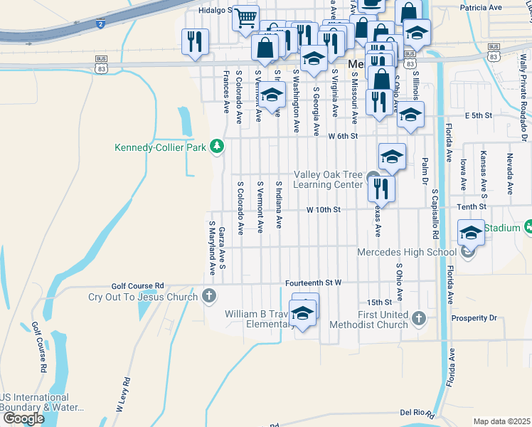 map of restaurants, bars, coffee shops, grocery stores, and more near 906 West 10th Street in Mercedes