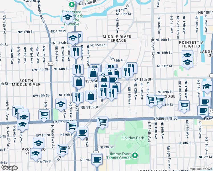 map of restaurants, bars, coffee shops, grocery stores, and more near 1239 Northeast 8th Avenue in Fort Lauderdale