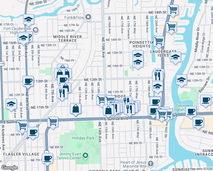 map of restaurants, bars, coffee shops, grocery stores, and more near 1230 Northeast 15th Avenue in Fort Lauderdale