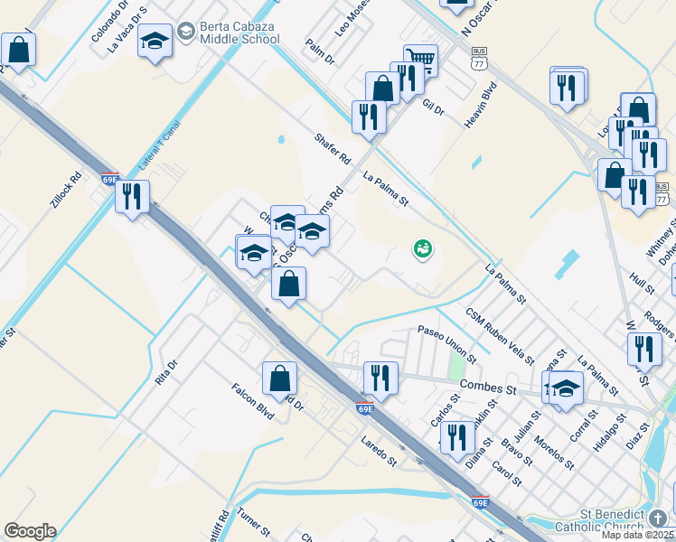 map of restaurants, bars, coffee shops, grocery stores, and more near 450 South Oscar Williams Road in San Benito