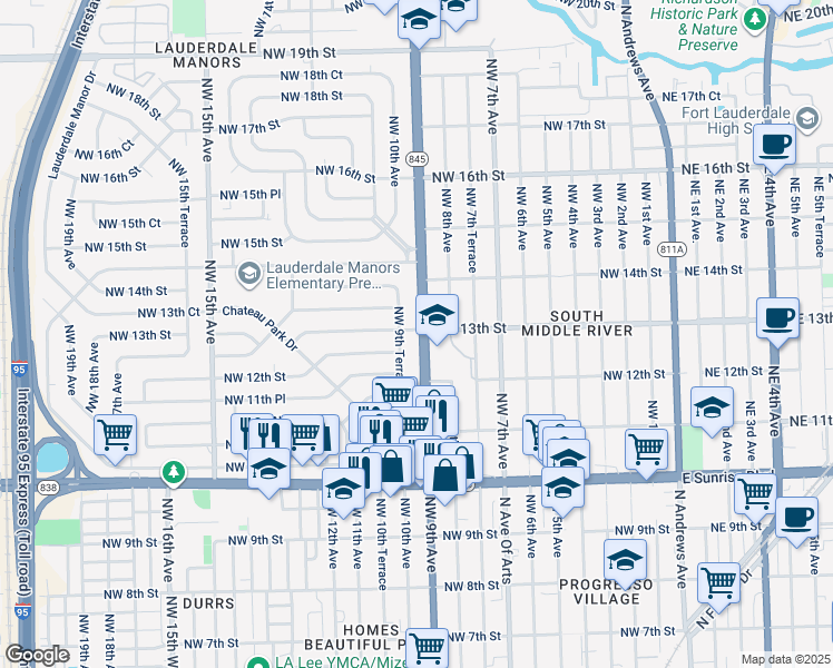 map of restaurants, bars, coffee shops, grocery stores, and more near 1255 Northwest 9th Avenue in Fort Lauderdale