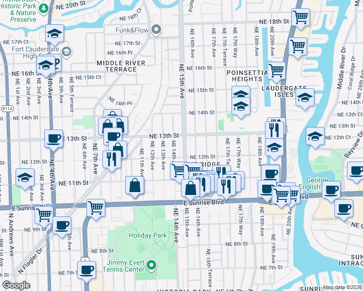 map of restaurants, bars, coffee shops, grocery stores, and more near 1230 Northeast 15th Avenue in Fort Lauderdale