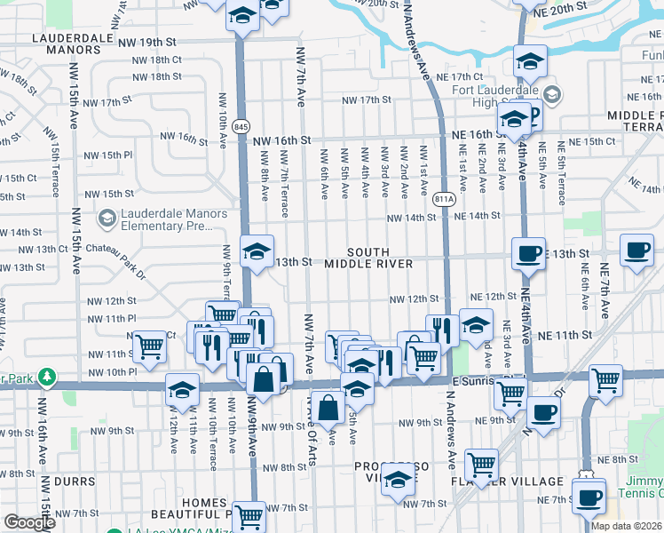 map of restaurants, bars, coffee shops, grocery stores, and more near 501 Northwest 13th Street in Fort Lauderdale