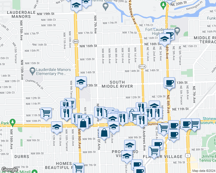 map of restaurants, bars, coffee shops, grocery stores, and more near 510 Northwest 13th Street in Fort Lauderdale