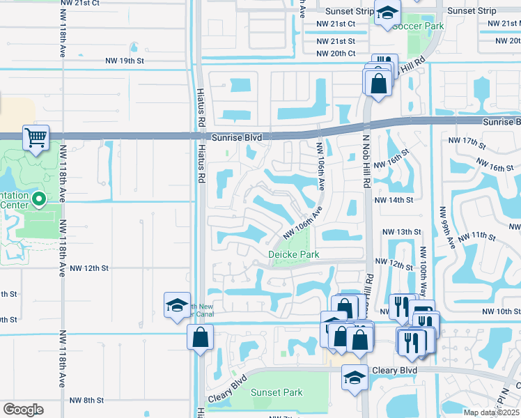 map of restaurants, bars, coffee shops, grocery stores, and more near 10749 Northwest 12th Manor in Plantation