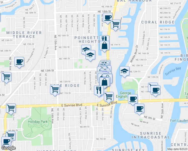 map of restaurants, bars, coffee shops, grocery stores, and more near 1223 Northeast 18th Avenue in Fort Lauderdale