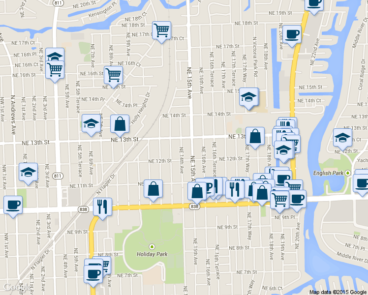 map of restaurants, bars, coffee shops, grocery stores, and more near 1233 Northeast 14th Avenue in Fort Lauderdale