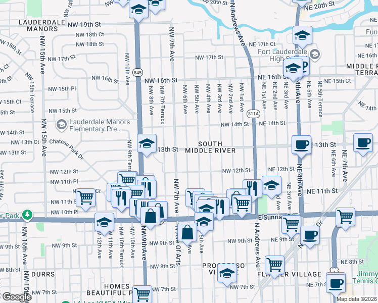 map of restaurants, bars, coffee shops, grocery stores, and more near 501 Northwest 13th Street in Fort Lauderdale