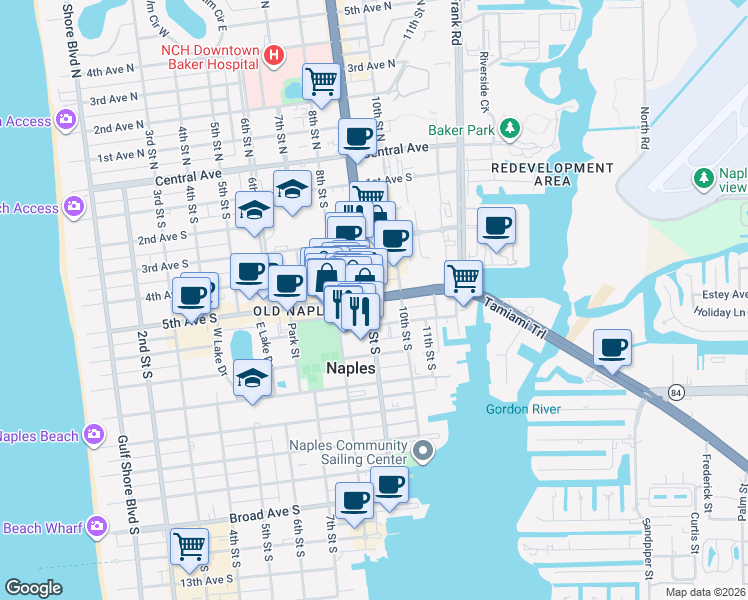 map of restaurants, bars, coffee shops, grocery stores, and more near 5th Avenue South in Naples
