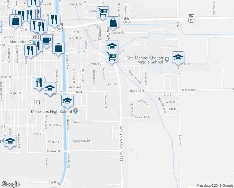 map of restaurants, bars, coffee shops, grocery stores, and more near 1015 Farm-To-Market Road 491 in Mercedes