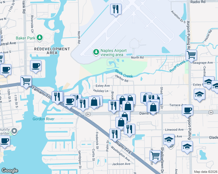 map of restaurants, bars, coffee shops, grocery stores, and more near 2160 Estey Avenue in Naples