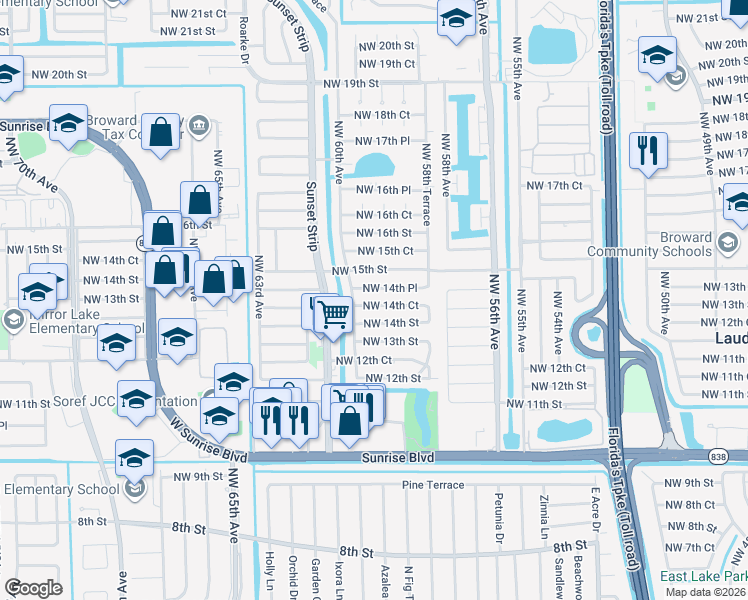 map of restaurants, bars, coffee shops, grocery stores, and more near 5930 Northwest 14th Place in Sunrise