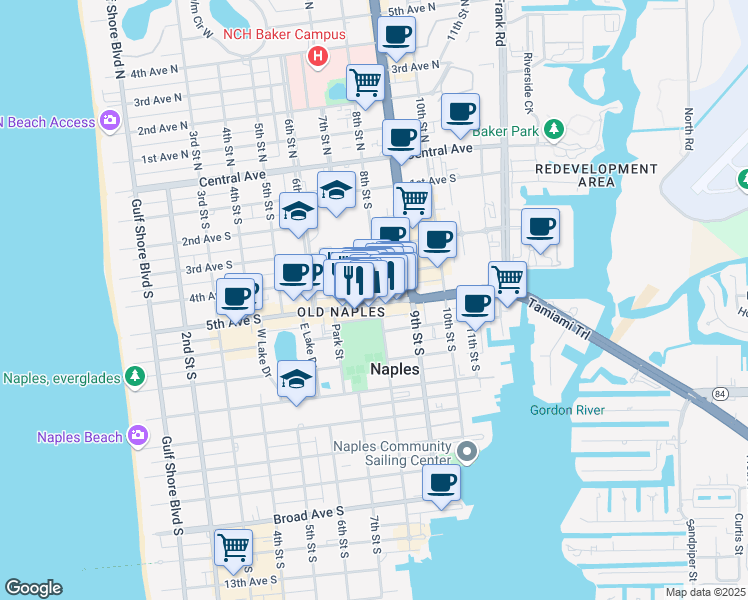 map of restaurants, bars, coffee shops, grocery stores, and more near 787 5th Avenue South in Naples