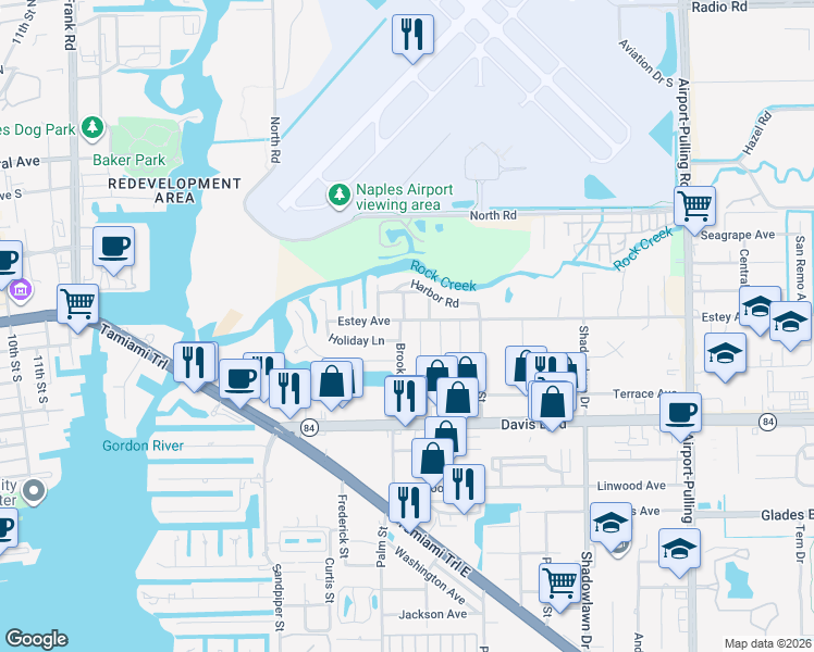 map of restaurants, bars, coffee shops, grocery stores, and more near 2200 Estey Avenue in Naples