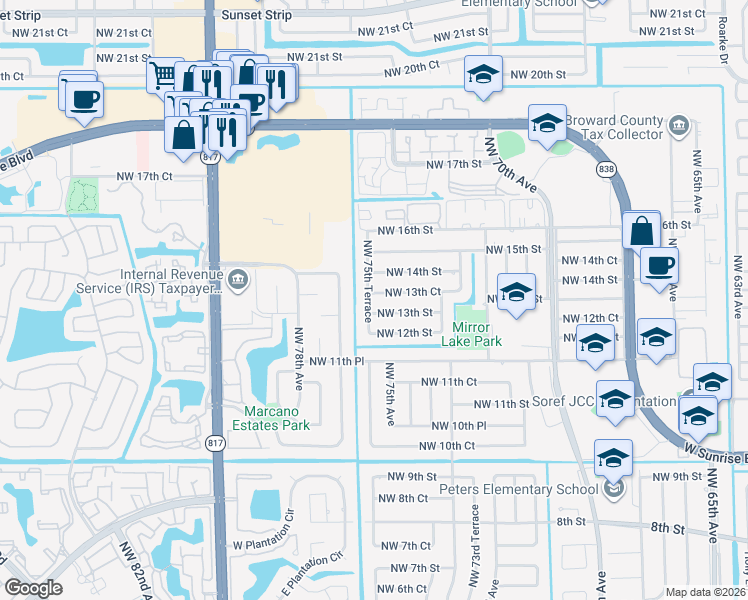map of restaurants, bars, coffee shops, grocery stores, and more near 7560 Northwest 13th Court in Plantation