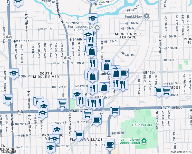 map of restaurants, bars, coffee shops, grocery stores, and more near 1239 Northeast 5th Avenue in Fort Lauderdale