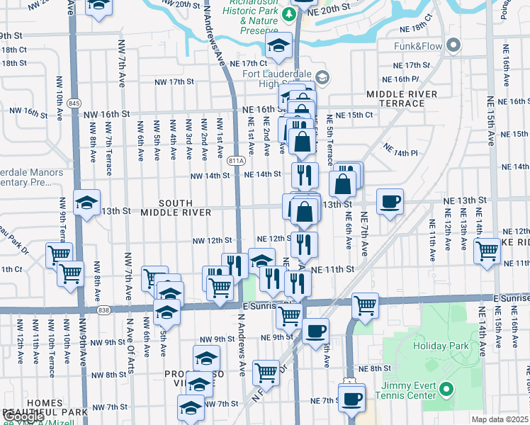 map of restaurants, bars, coffee shops, grocery stores, and more near 1244 Northeast 1st Avenue in Fort Lauderdale