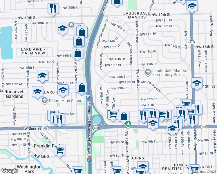 map of restaurants, bars, coffee shops, grocery stores, and more near 1701 Northwest 13th Street in Fort Lauderdale
