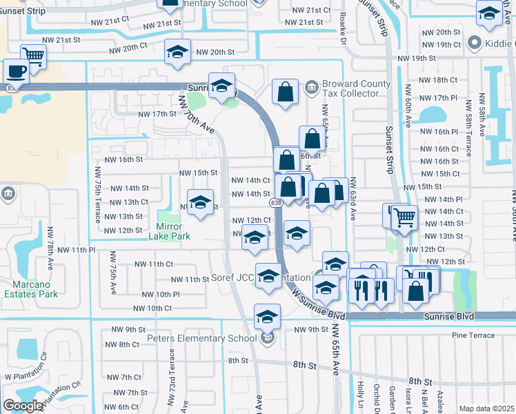 map of restaurants, bars, coffee shops, grocery stores, and more near 6885 Northwest 13th Street in Plantation