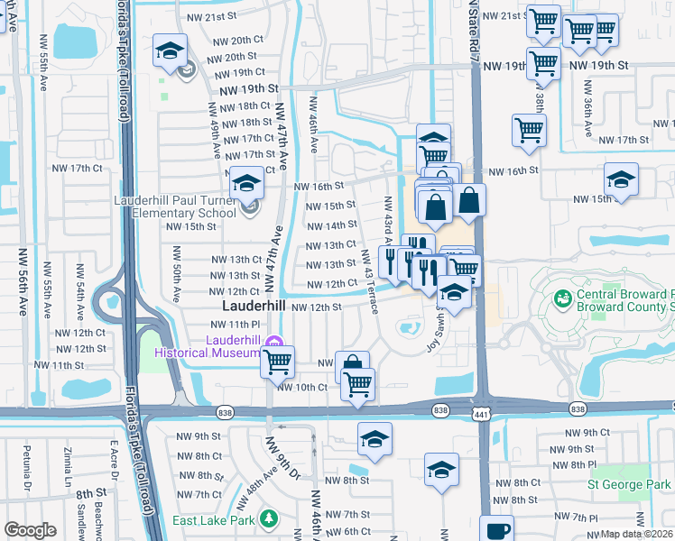 map of restaurants, bars, coffee shops, grocery stores, and more near 4430 Northwest 13th Street in Lauderhill