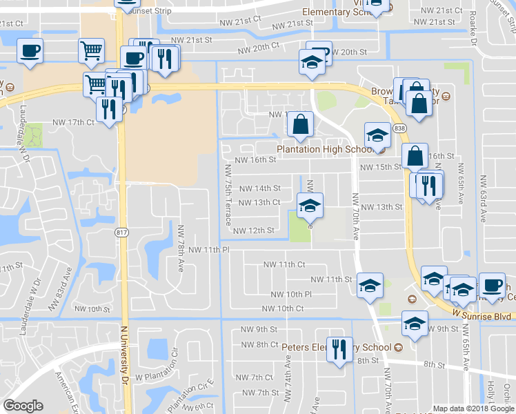 map of restaurants, bars, coffee shops, grocery stores, and more near 7450 Northwest 13th Court in Plantation