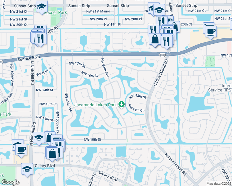 map of restaurants, bars, coffee shops, grocery stores, and more near 1360 Northwest 94th Avenue in Plantation