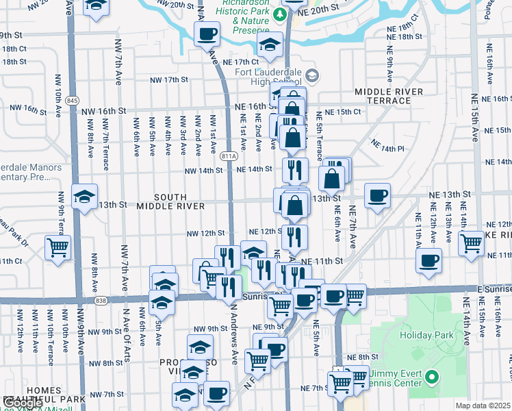 map of restaurants, bars, coffee shops, grocery stores, and more near 1244 Northeast 1st Avenue in Fort Lauderdale