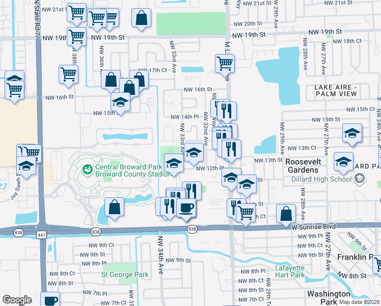 map of restaurants, bars, coffee shops, grocery stores, and more near 3270 Northwest 13th Court in Fort Lauderdale