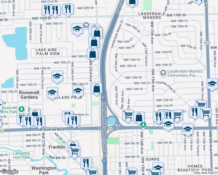 map of restaurants, bars, coffee shops, grocery stores, and more near 1734 Lauderdale Manor Drive in Fort Lauderdale