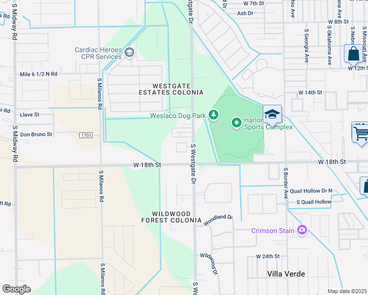 map of restaurants, bars, coffee shops, grocery stores, and more near 1612 Key West Drive in Weslaco