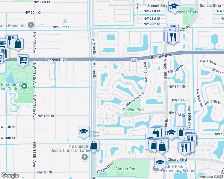 map of restaurants, bars, coffee shops, grocery stores, and more near 1289 Northwest 108th Avenue in Plantation