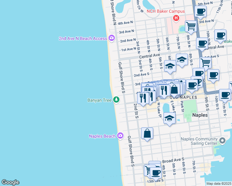map of restaurants, bars, coffee shops, grocery stores, and more near 25 4th Avenue South in Naples